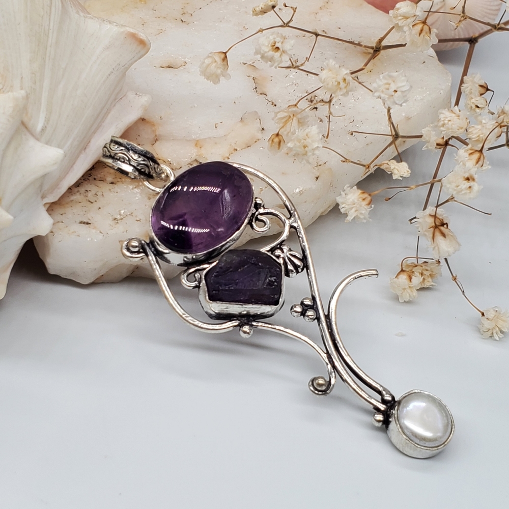 Purple Raw Amethyst Natural Pearl Silver 925 Pendant